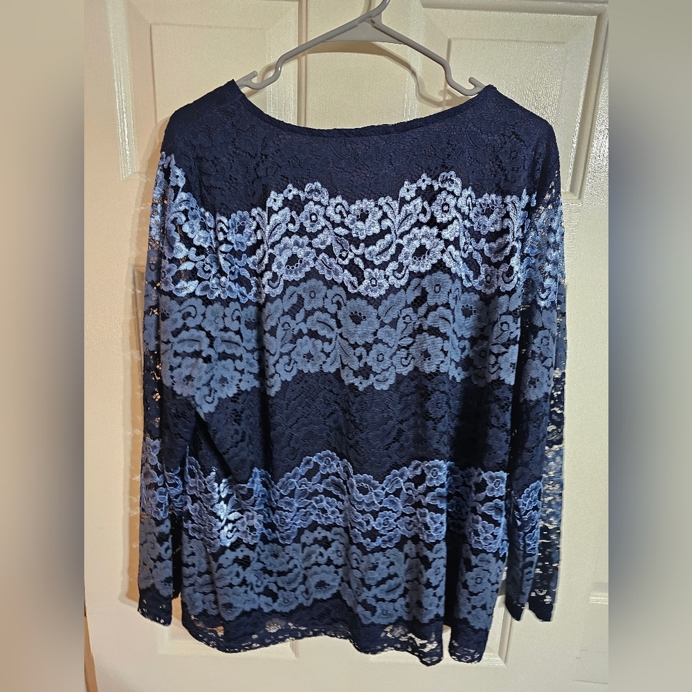 Project Women XL Blouse Navy Blue Floral Lace Long Sleeve Top Statement Coquette - Picture 3 of 6